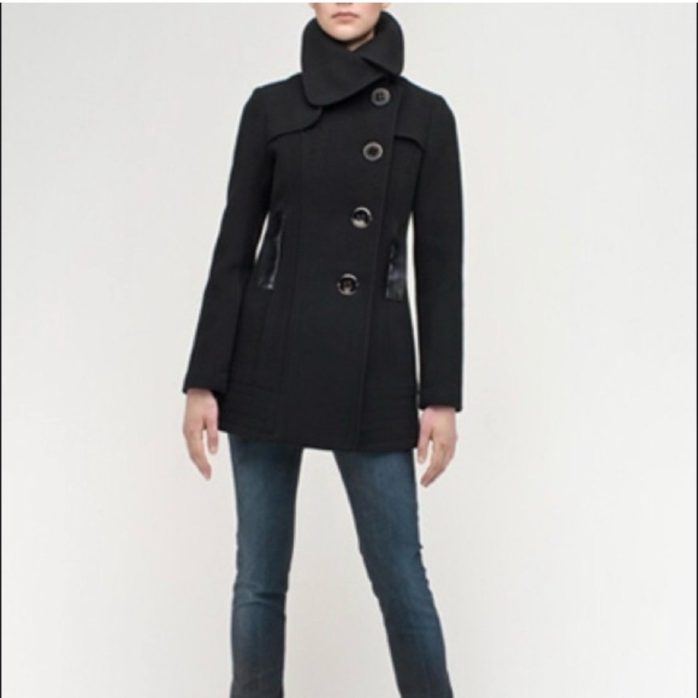 Mackage Isa Wool Cashmere Coat Black Asymmetrical Leather Trim Peacoat S